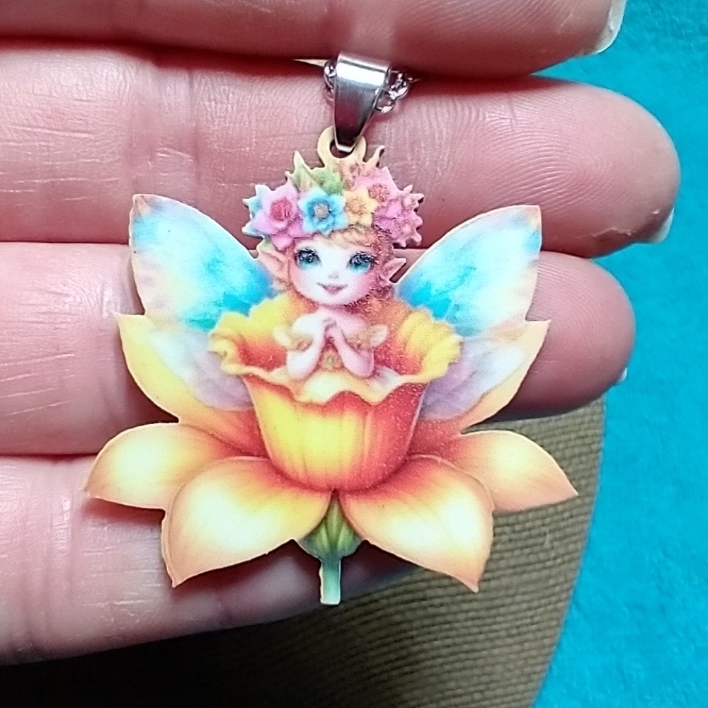 Colorful Fairy in flower flowers floral Pendant Necklace blue pink yellow